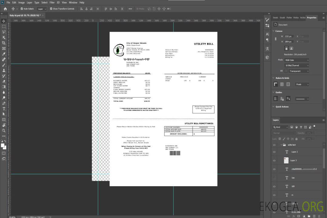Modèle Word et PDF de facture de services publics de la VILLE DE HARPER WOODS des États-Unis template
